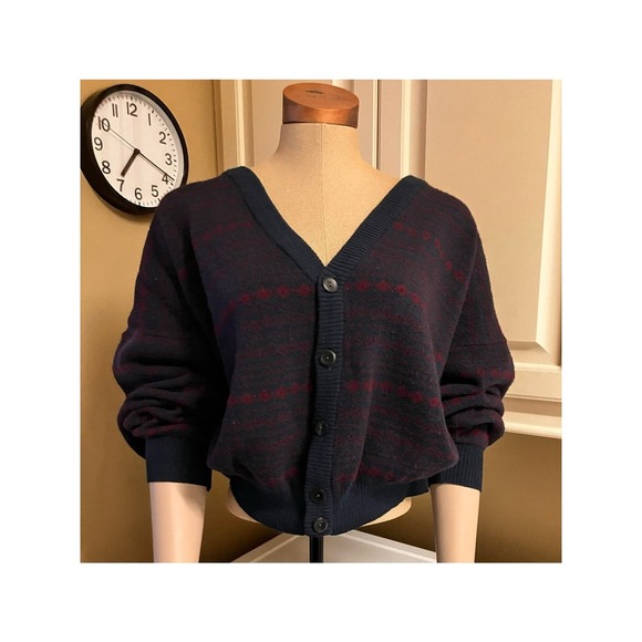 Made in Italy Vintage Wool Blend Cardigan V-Neck Button XL Blue Purple Geometric - Picture 3 of 7